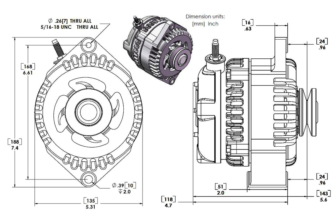 Marine 170 amp high output alternator for Ski / Wake Board Boats with 12SI 6.61 inch bolt pattern - V-Belt Pulley