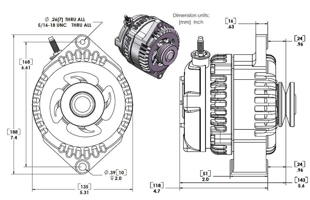 REVERSE ROTATION Marine 170-amp high output alternator for Ski / Wake Board Boats with 12SI 6.61 inch bolt pattern - V-Belt Pulley | M7127170-R | in Marine Applications | Brand Mechman